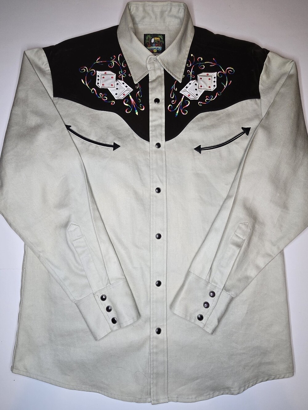 Benny’s Aloha Shirts Western Pearl Snap Shirt Mens M Dice Embroidery Rockabilly